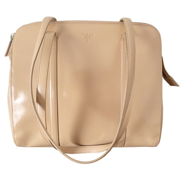 Prada 90s beige Spazzolato leather embossed logo shoulder tote bag - Picture 2 of 14